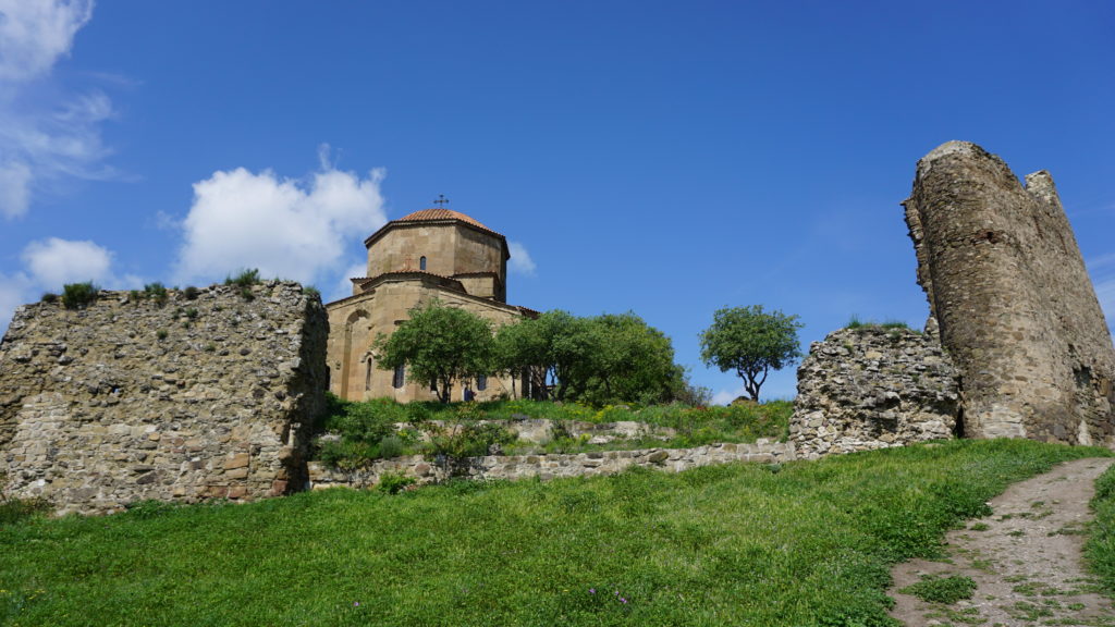 Rebuilt Jvari Monastery Originally from 590 A.D. and its Remaining Walls in Mtskheta, Georgia