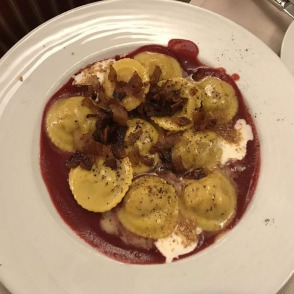 Pumpkin Tortelloni with beets, bacon and crème fraîche at Trattoria da Me